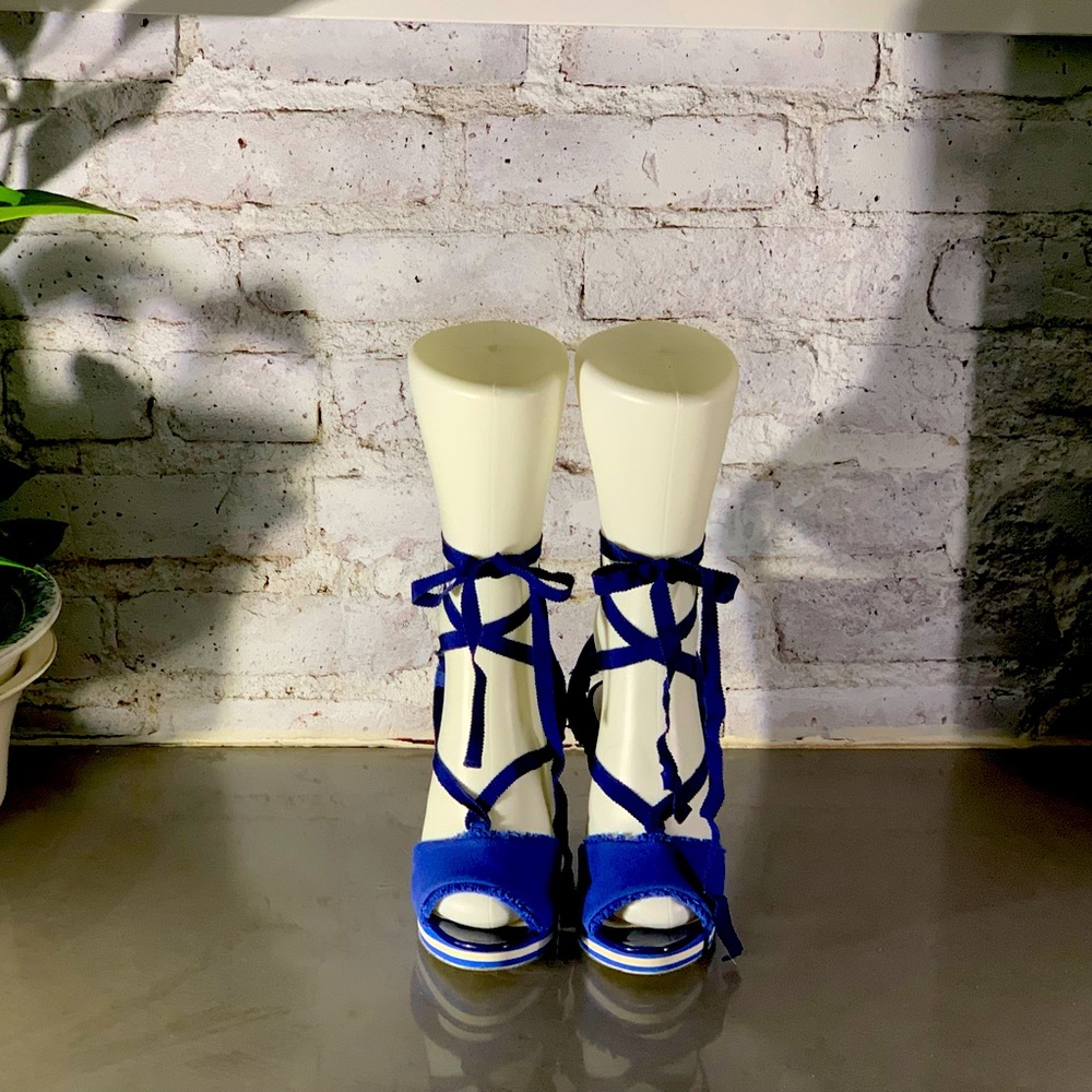 Prada Sport Blue White Stripe Canvas Wedge Sandals